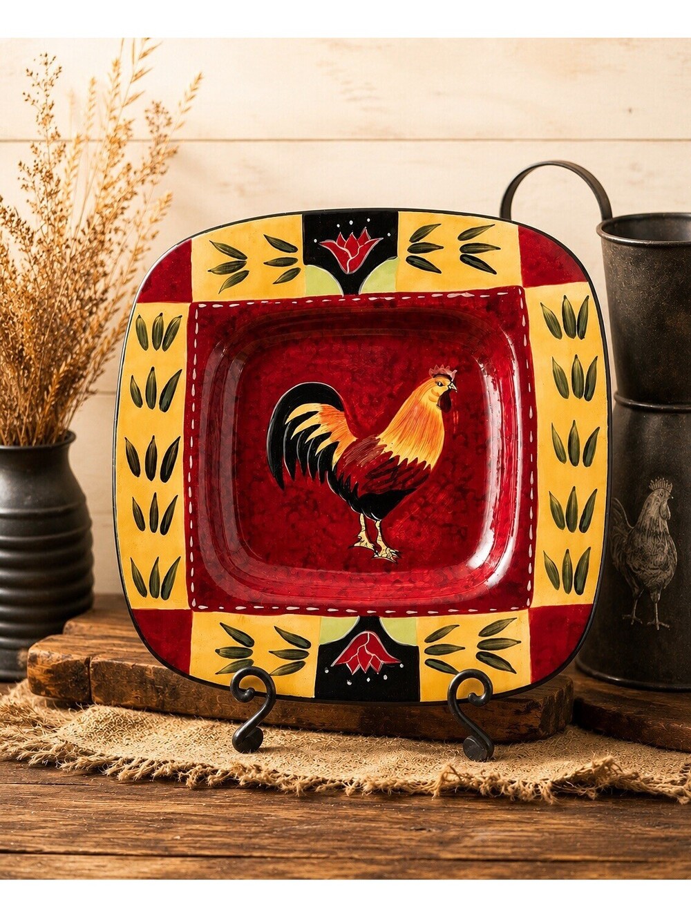 La Dolce Vita 2000s Square Platter Plate Tuscan Rooster Collection Ceramic 12.5”